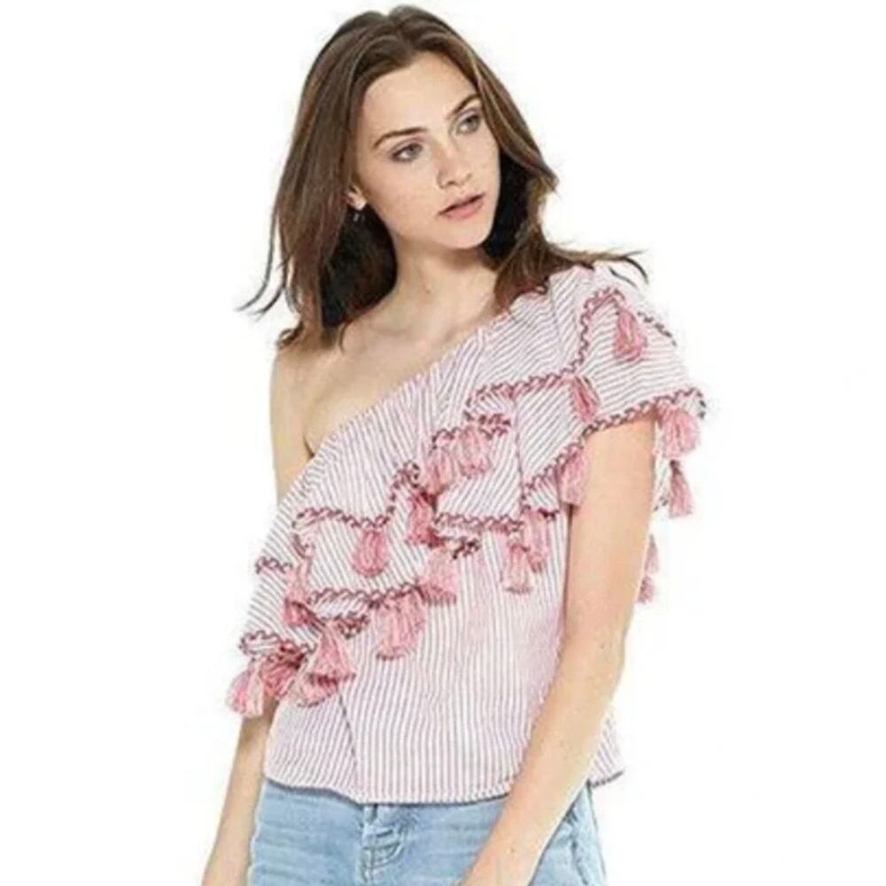Misa Los Angeles Linnea One Shoulder Striped Tassel Top - Red & White - Size XS